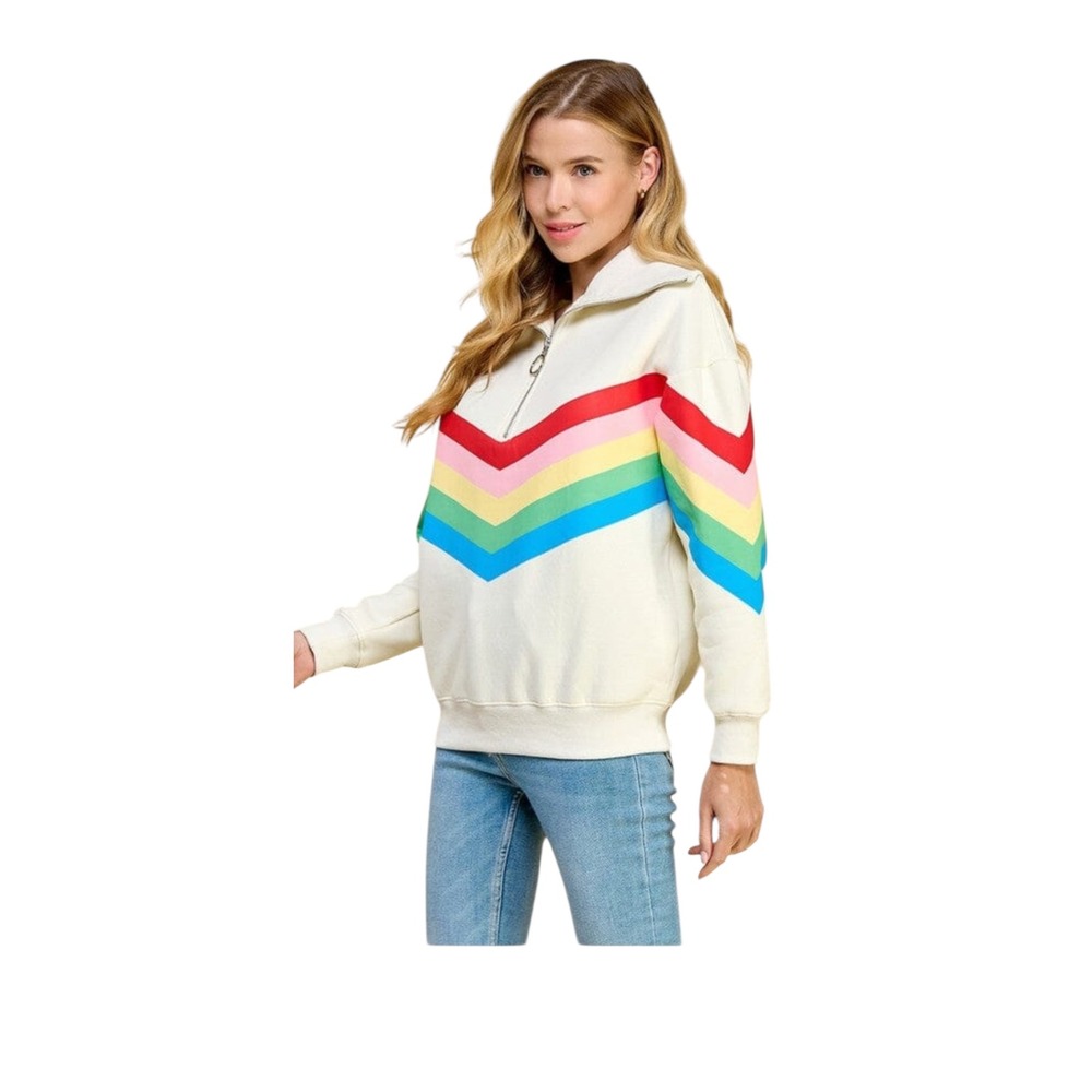 TCEC Cream Pullover Sweater with Red Pink Yellow Green Blue Chevron Stripes